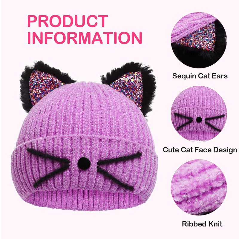 ACTLATI Little Girls Sequin Cat Ears Hats Cute Warm Knit Beanie Hat for Kids Winter Outdoor Snow Ski Skull Cap 3-8 Years - Image 4